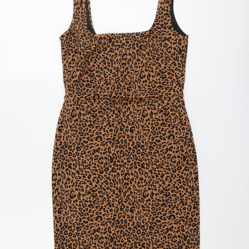 H&M Womens Brown Animal Print Polyester A-Line Size S Square Neck Pullover - Leopard Pattern