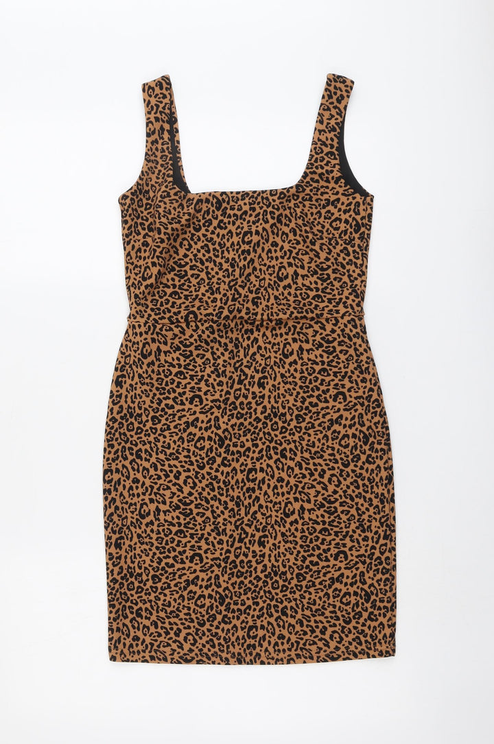 H&M Womens Brown Animal Print Polyester A-Line Size S Square Neck Pullover - Leopard Pattern