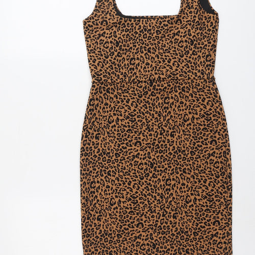 H&M Womens Brown Animal Print Polyester A-Line Size S Square Neck Pullover - Leopard Pattern