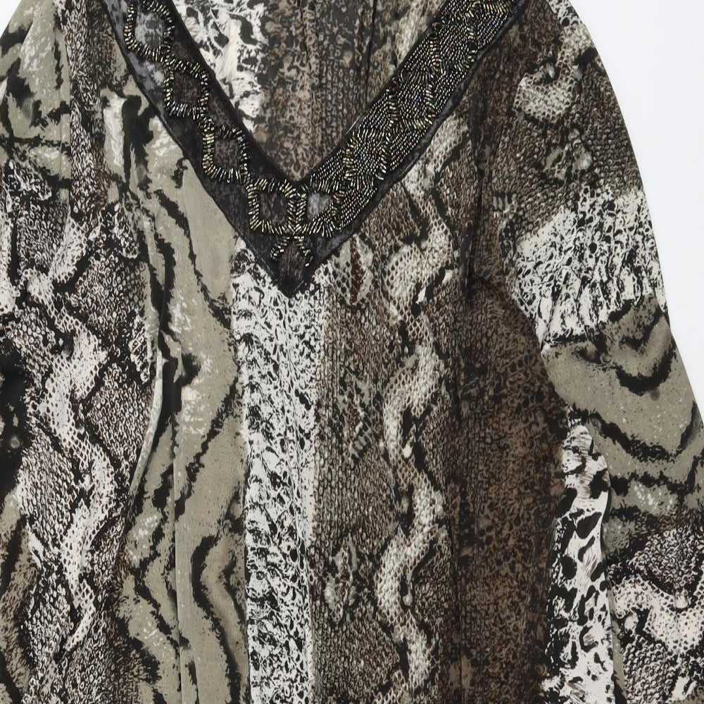 Tommy & Kate Womens Brown Geometric Polyester Basic Blouse Size L V-Neck