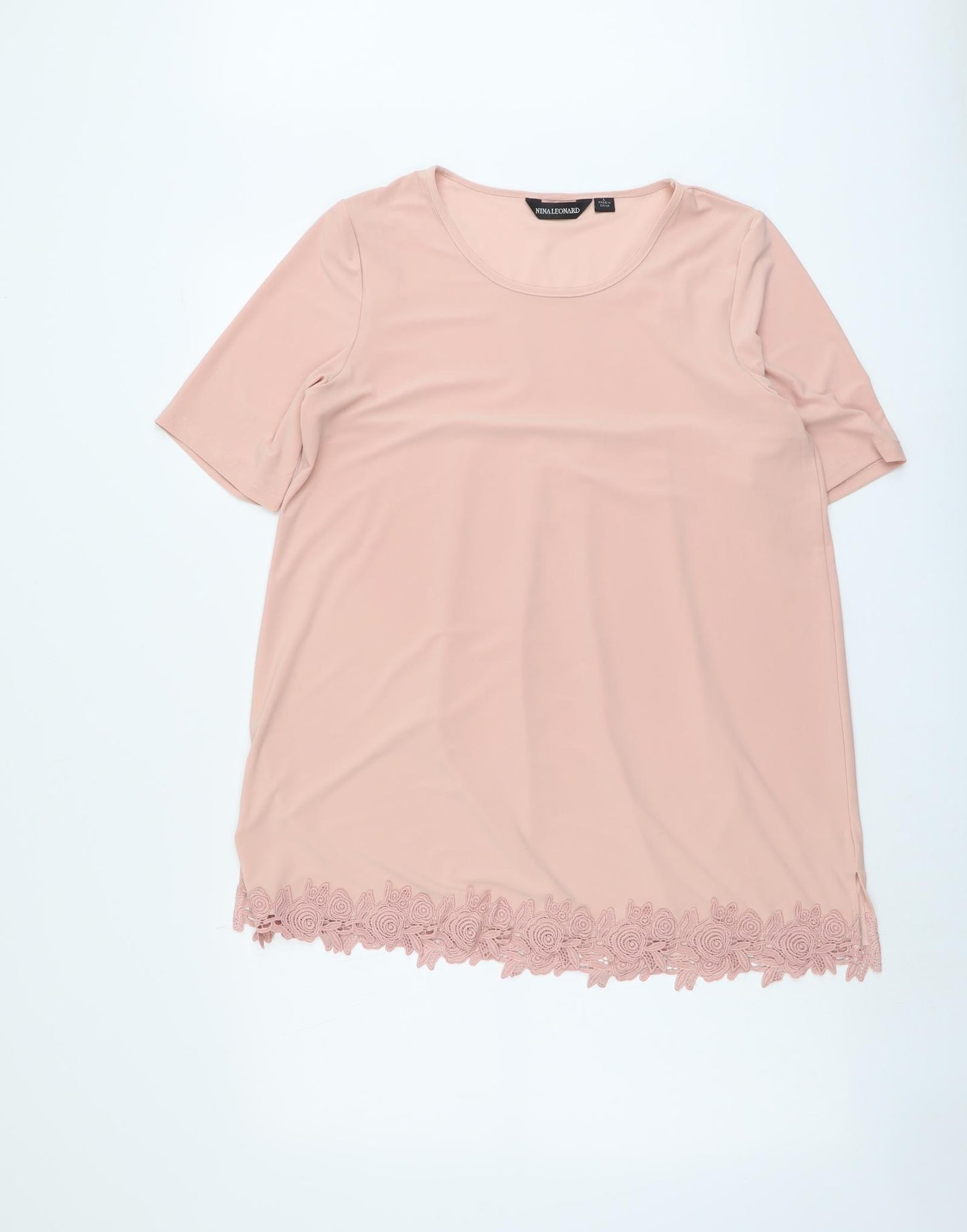 Nina Leonard Womens Pink Polyester Basic T-Shirt Size L Round Neck - Lace Detail