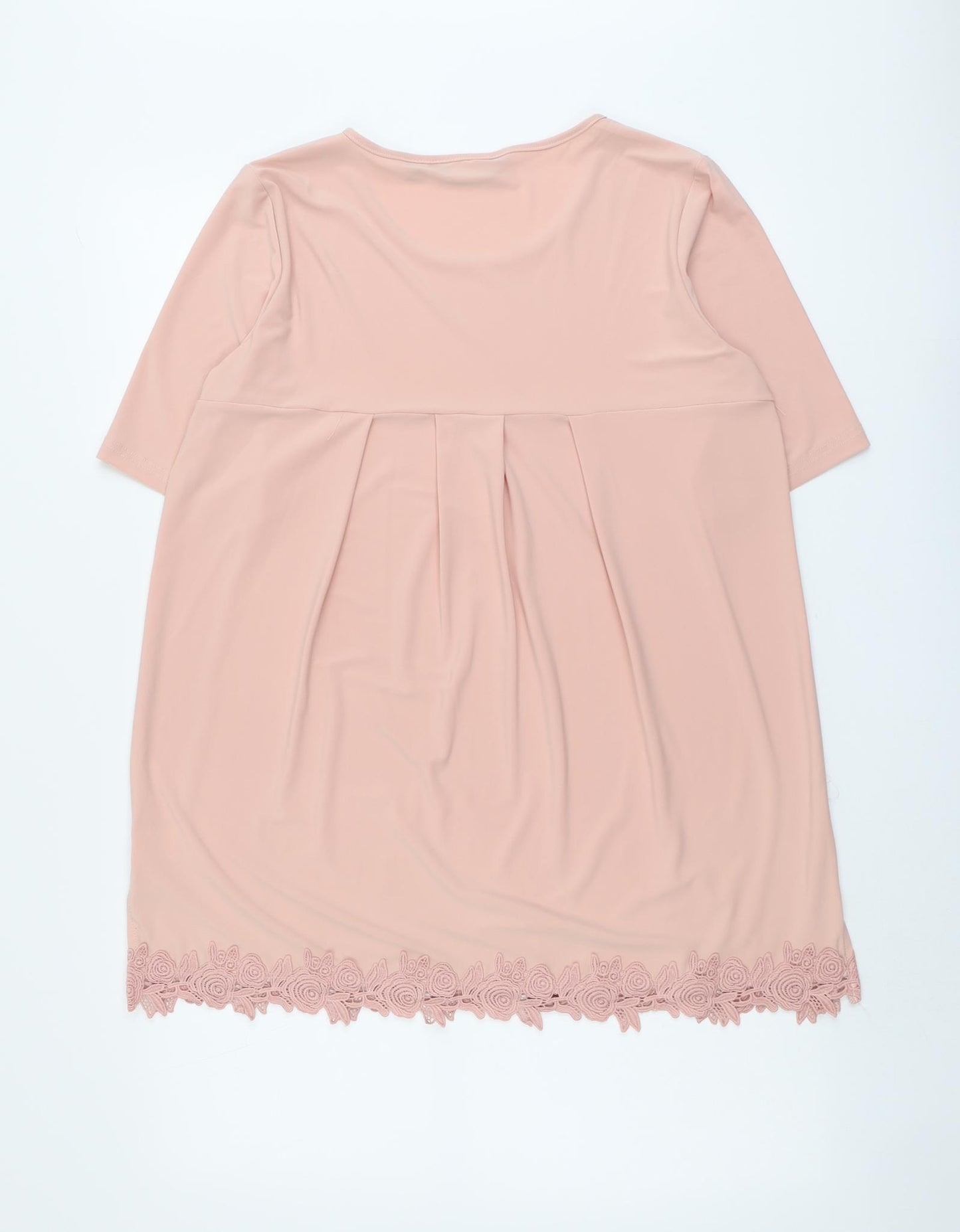 Nina Leonard Womens Pink Polyester Basic T-Shirt Size L Round Neck - Lace Detail