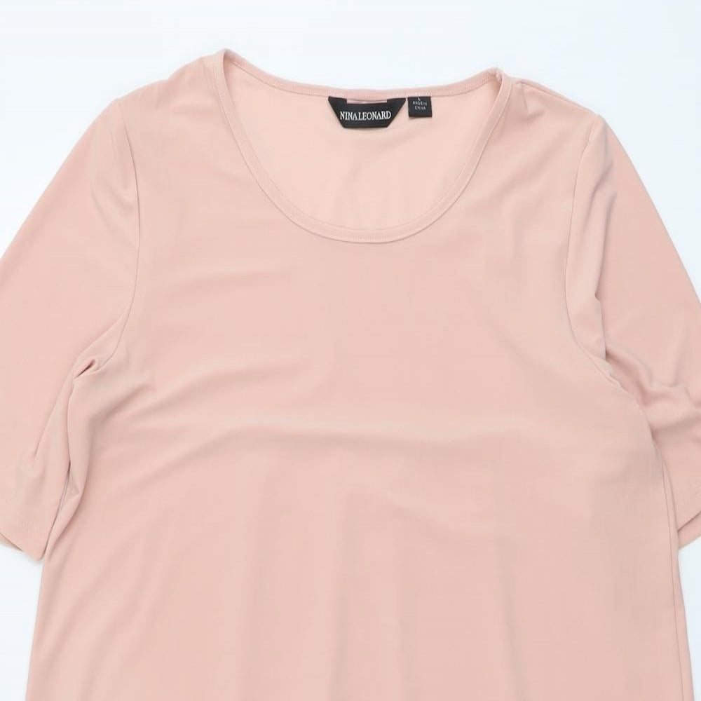 Nina Leonard Womens Pink Polyester Basic T-Shirt Size L Round Neck - Lace Detail