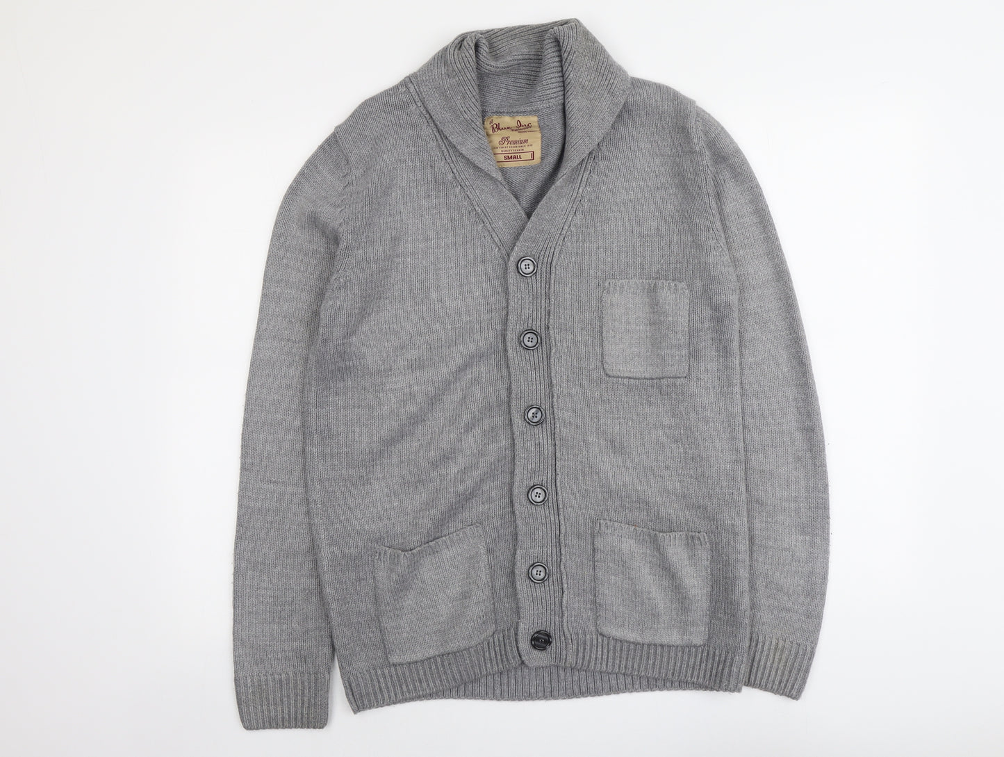 Blue Inc Mens Grey Collared Acrylic Cardigan Jumper Size S Long Sleeve