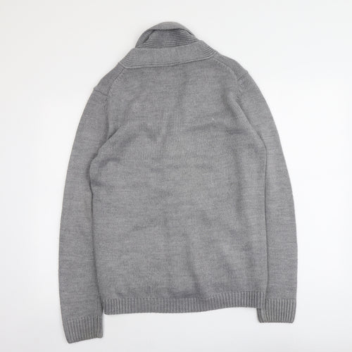 Blue Inc Mens Grey Collared Acrylic Cardigan Jumper Size S Long Sleeve