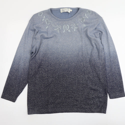 Fay Louise Womens Blue Round Neck Floral Acrylic Pullover Jumper One Size