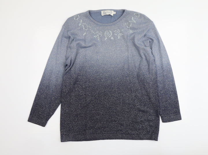 Fay Louise Womens Blue Round Neck Floral Acrylic Pullover Jumper One Size