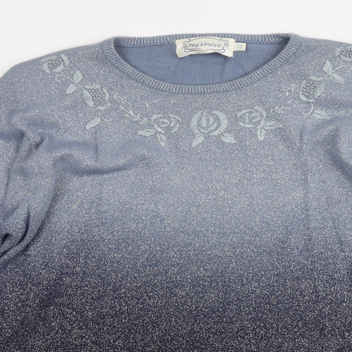 Fay Louise Womens Blue Round Neck Floral Acrylic Pullover Jumper One Size