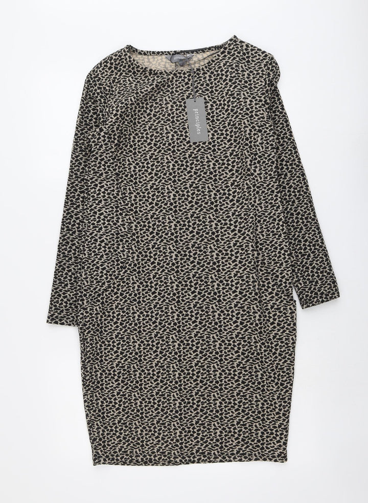 Principles Womens Beige Animal Print Polyester Jumper Dress Size 10 Round Neck Pullover - Leopard Pattern