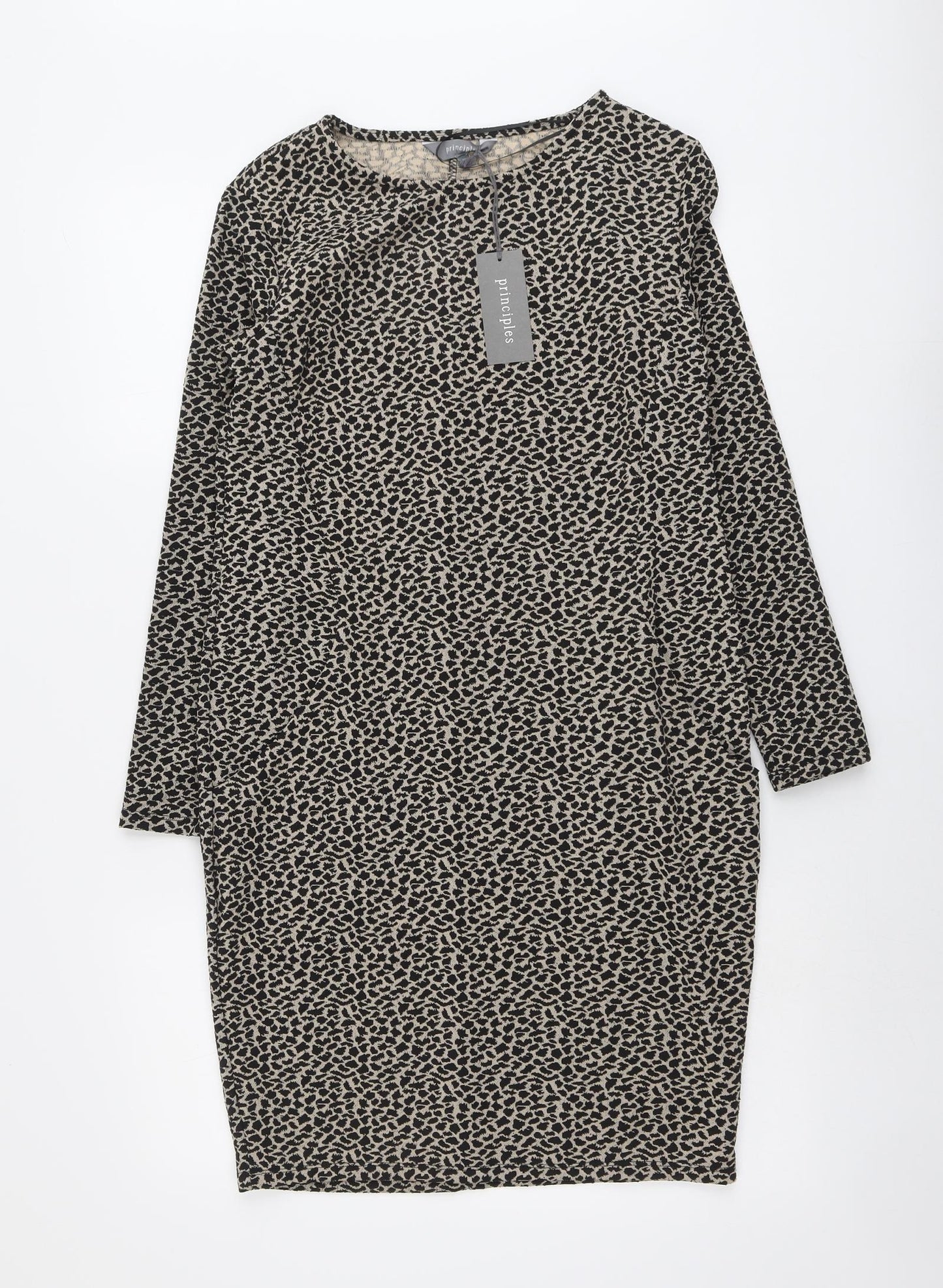 Principles Womens Beige Animal Print Polyester Jumper Dress Size 10 Round Neck Pullover - Leopard Pattern