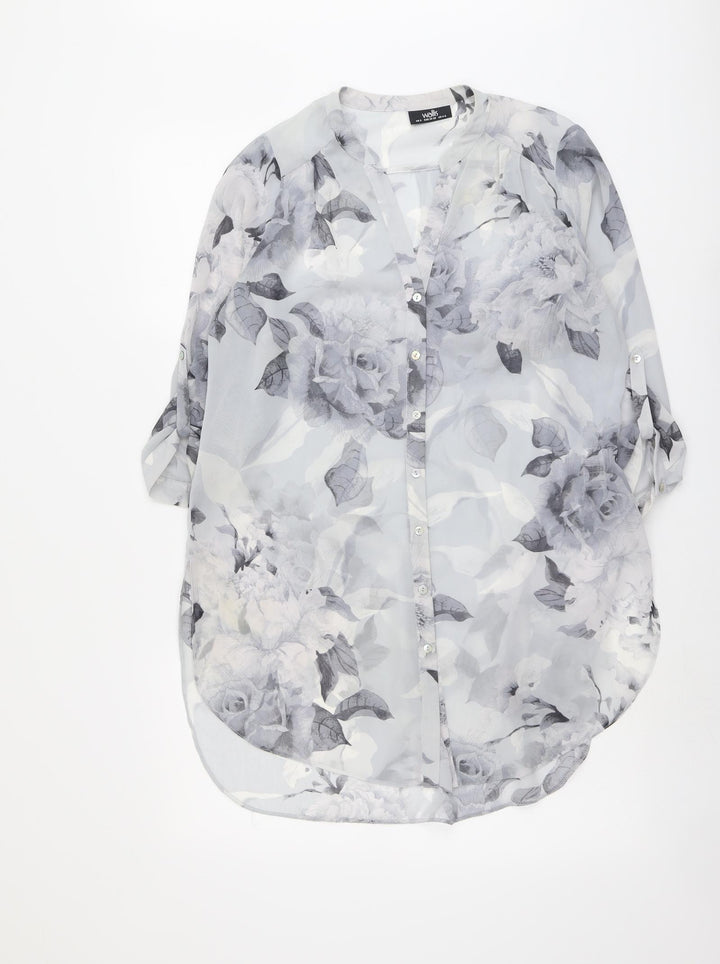 Wallis Womens Grey Floral Polyester Basic Button-Up Size S V-Neck