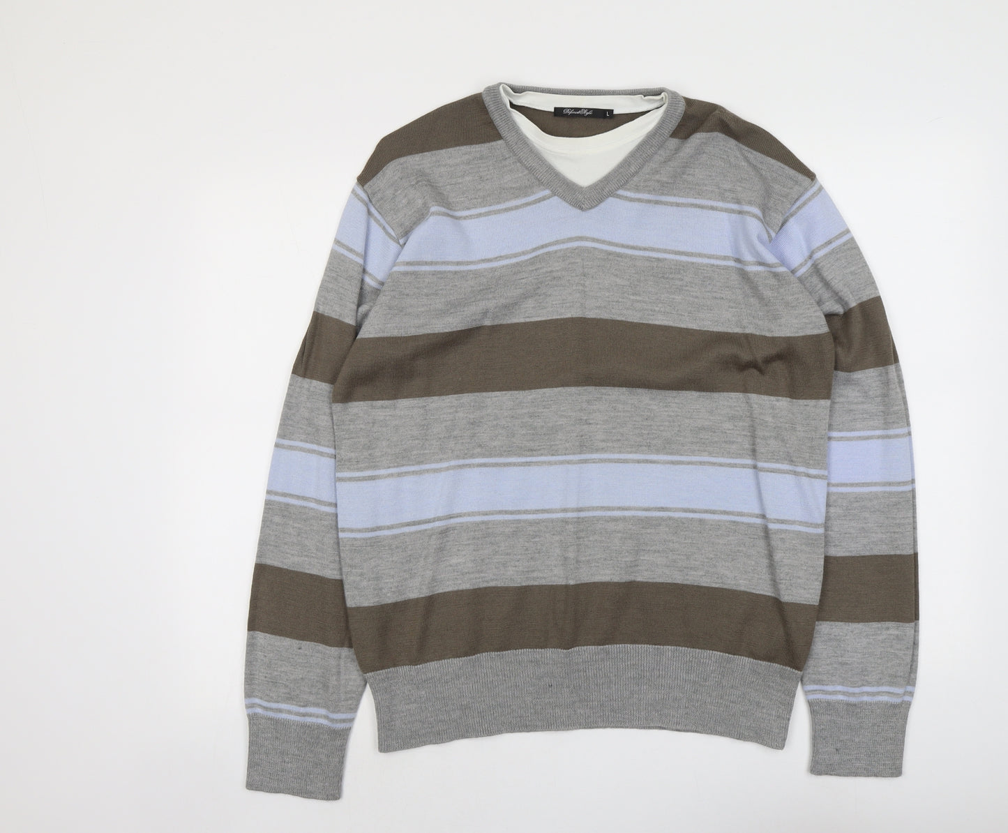 DeFined Mens Multicoloured V-Neck Striped Acrylic Pullover Jumper Size L Long Sleeve