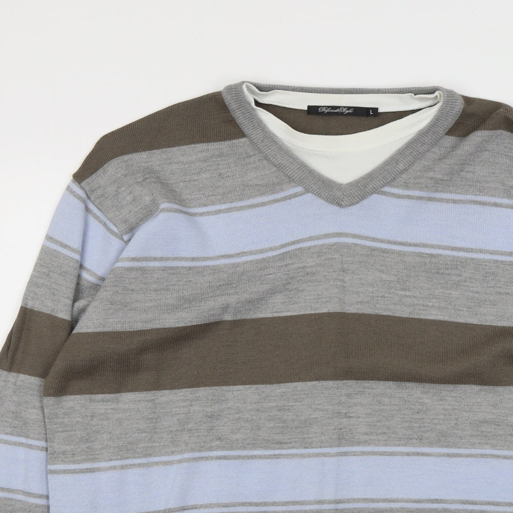 DeFined Mens Multicoloured V-Neck Striped Acrylic Pullover Jumper Size L Long Sleeve