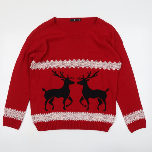 Pura Moda Womens Red Round Neck Acrylic Pullover Jumper Size M - Size M-L Reindeer