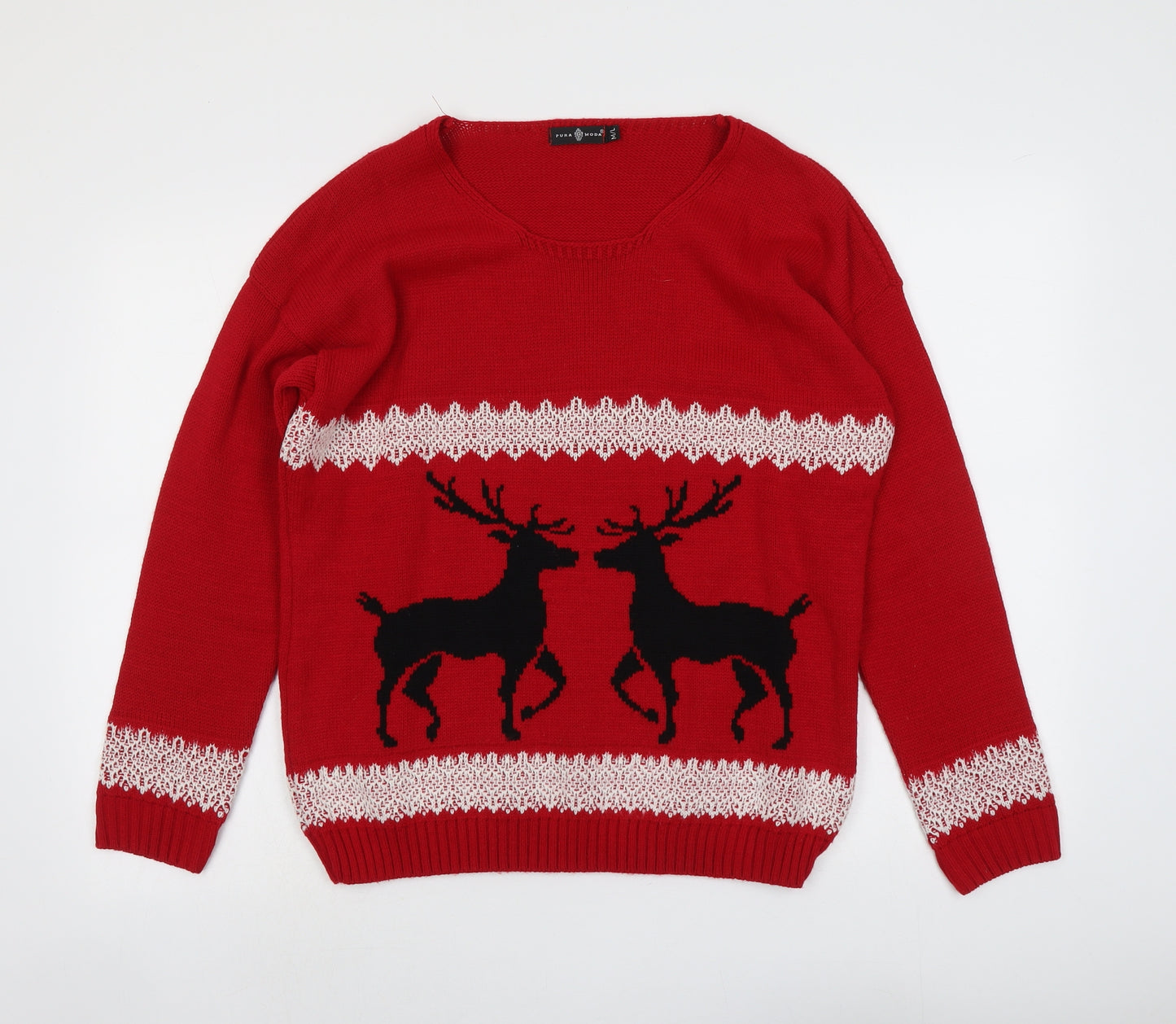 Pura Moda Womens Red Round Neck Acrylic Pullover Jumper Size M - Size M-L Reindeer