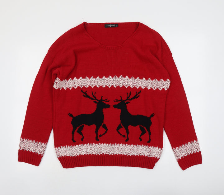Pura Moda Womens Red Round Neck Acrylic Pullover Jumper Size M - Size M-L Reindeer