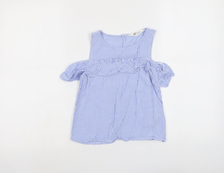 H&M Girls Blue Striped Viscose Basic Tank Size 9-10 Years Round Neck Button
