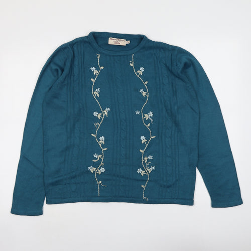 EWM Womens Blue Round Neck Floral Acrylic Pullover Jumper Size 14 - Size 14-16