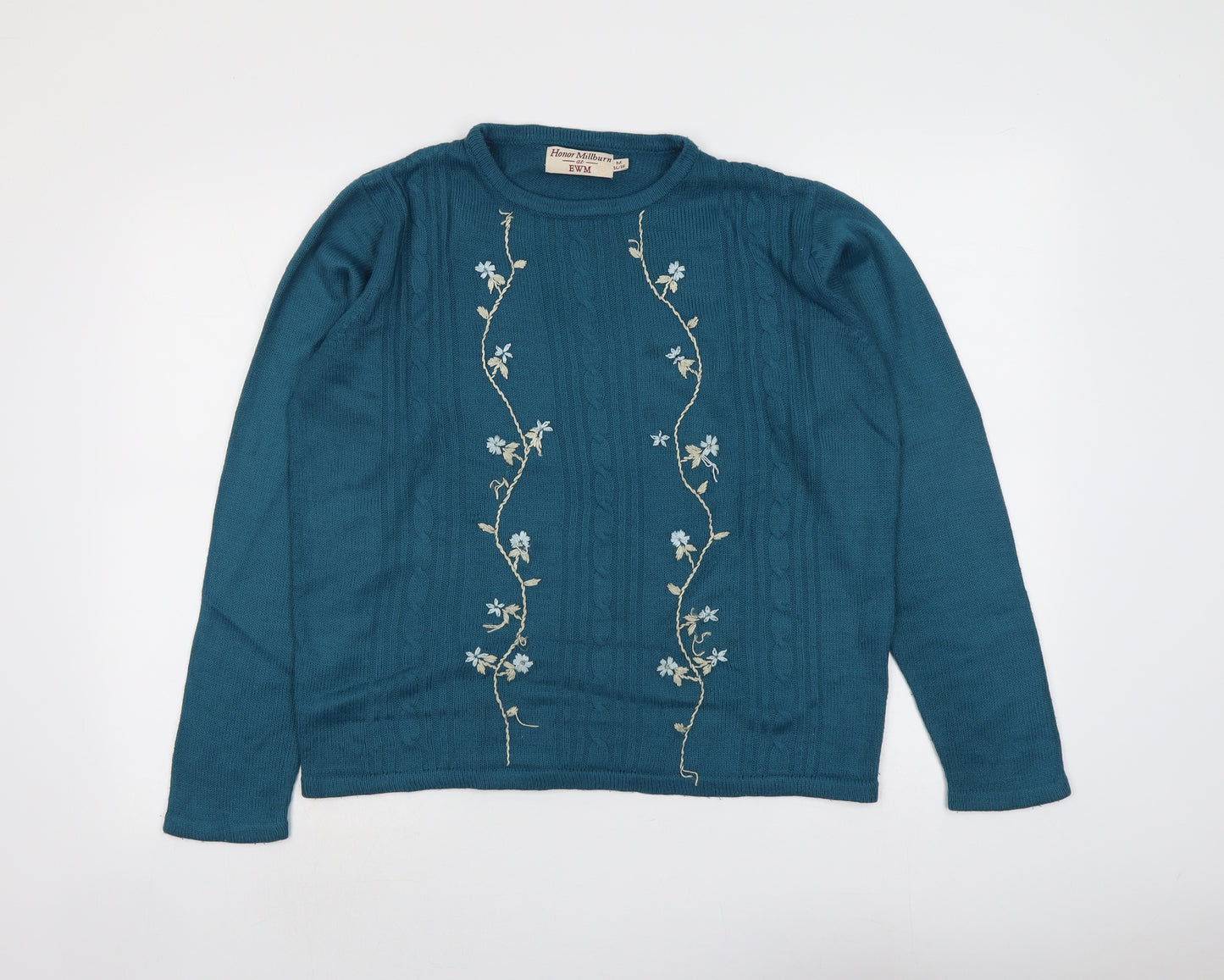 EWM Womens Blue Round Neck Floral Acrylic Pullover Jumper Size 14 - Size 14-16