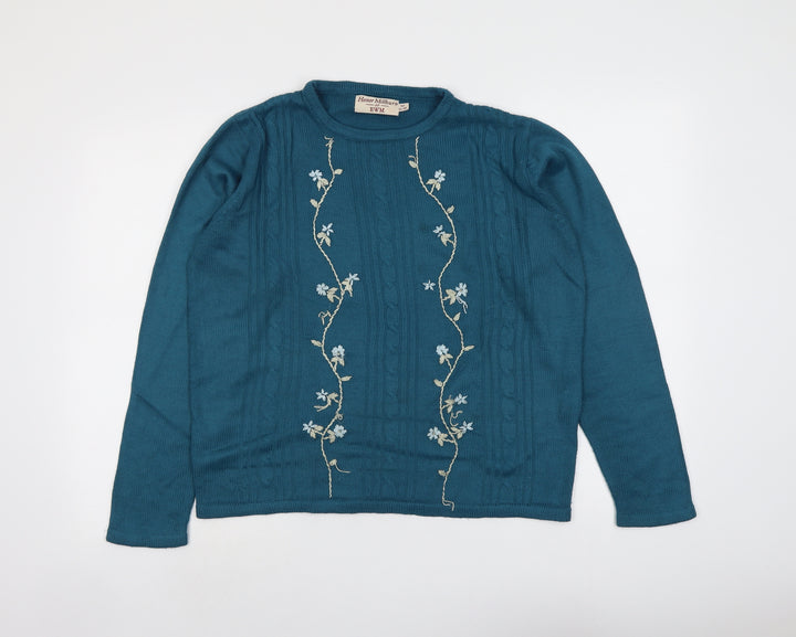 EWM Womens Blue Round Neck Floral Acrylic Pullover Jumper Size 14 - Size 14-16