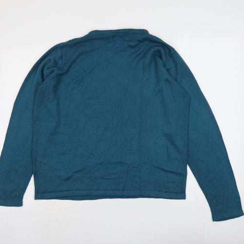 EWM Womens Blue Round Neck Floral Acrylic Pullover Jumper Size 14 - Size 14-16