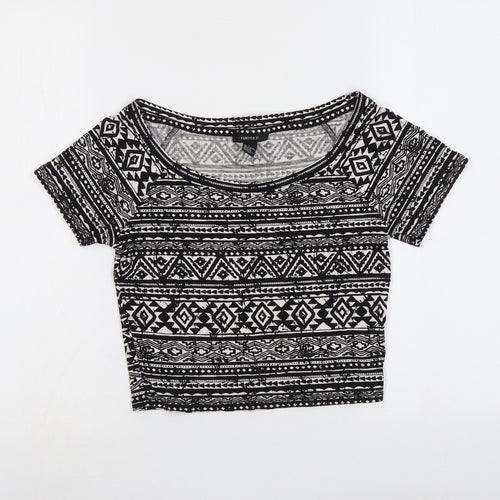 FOREVER 21 Womens Black Geometric Viscose Cropped T-Shirt Size L Round Neck