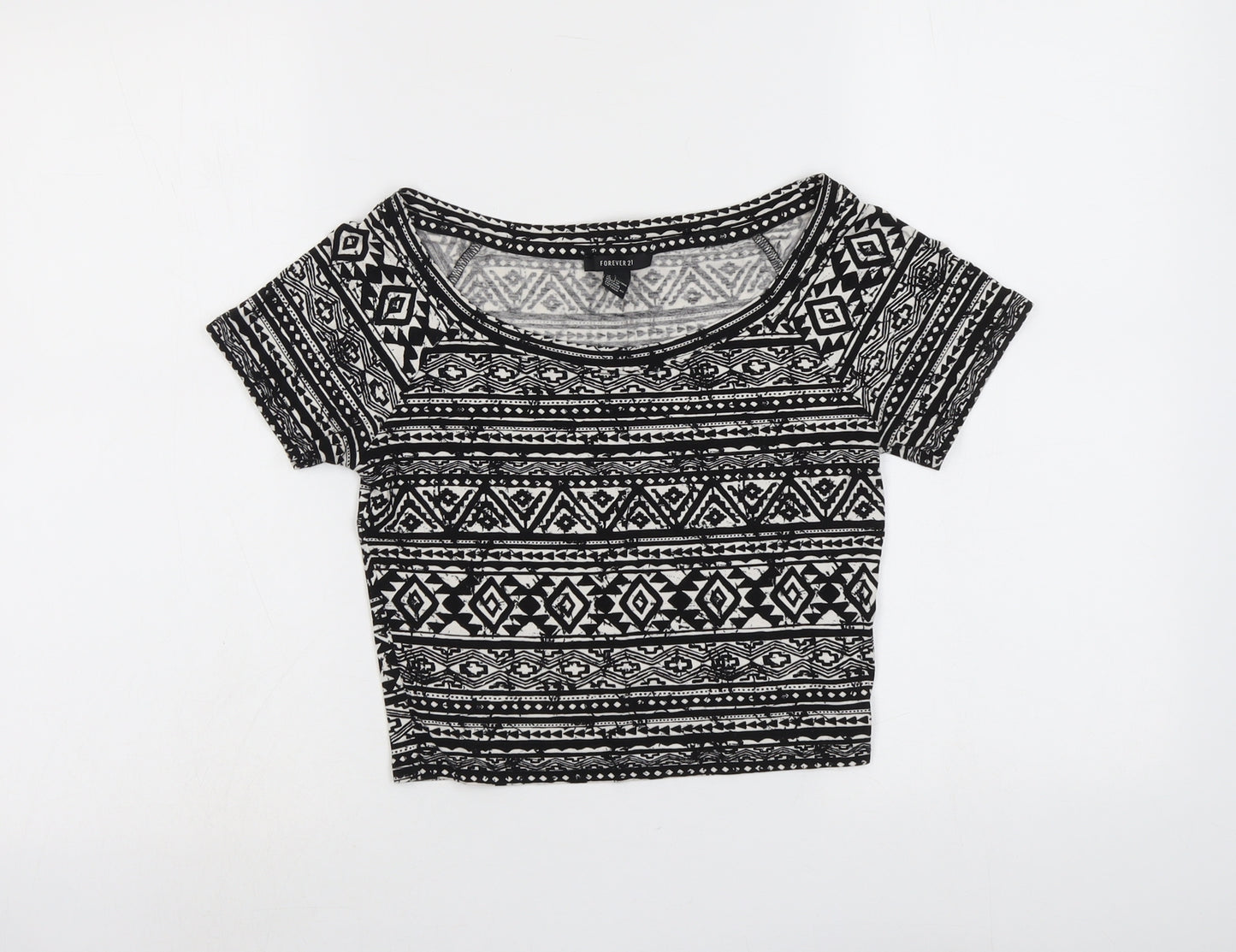 FOREVER 21 Womens Black Geometric Viscose Cropped T-Shirt Size L Round Neck