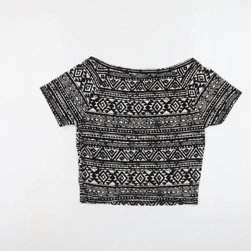 FOREVER 21 Womens Black Geometric Viscose Cropped T-Shirt Size L Round Neck