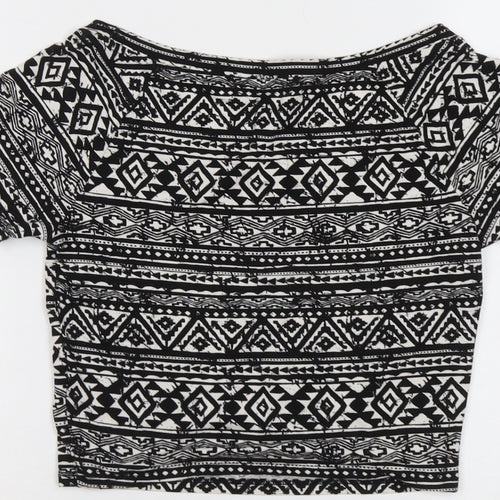 FOREVER 21 Womens Black Geometric Viscose Cropped T-Shirt Size L Round Neck