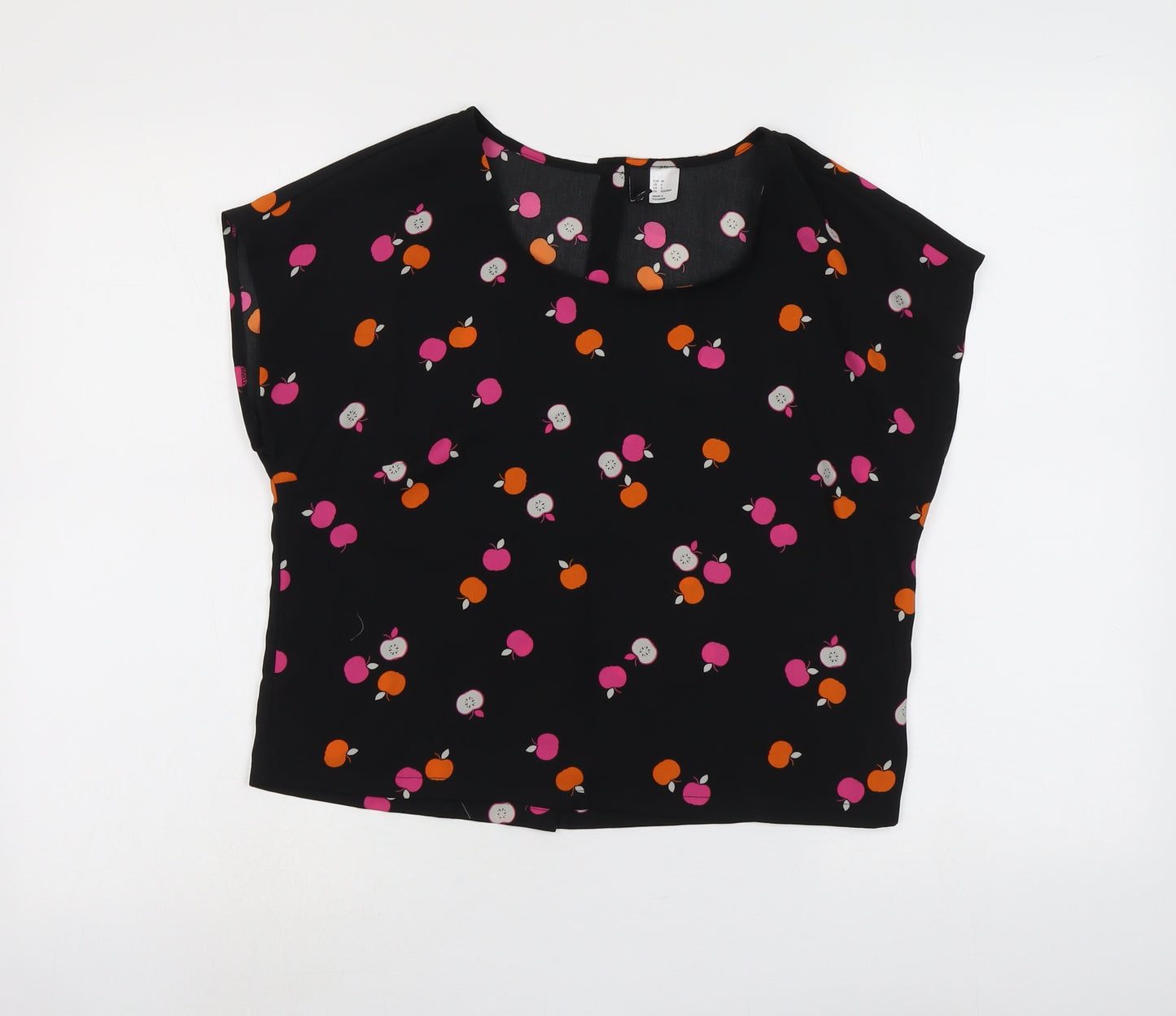 H&M Womens Black Geometric Polyester Basic Blouse Size 8 Round Neck - Apples Print