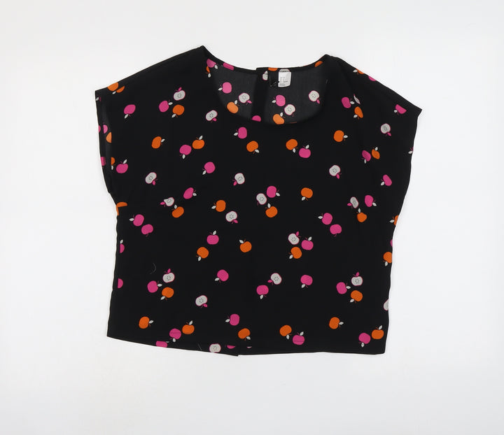H&M Womens Black Geometric Polyester Basic Blouse Size 8 Round Neck - Apples Print