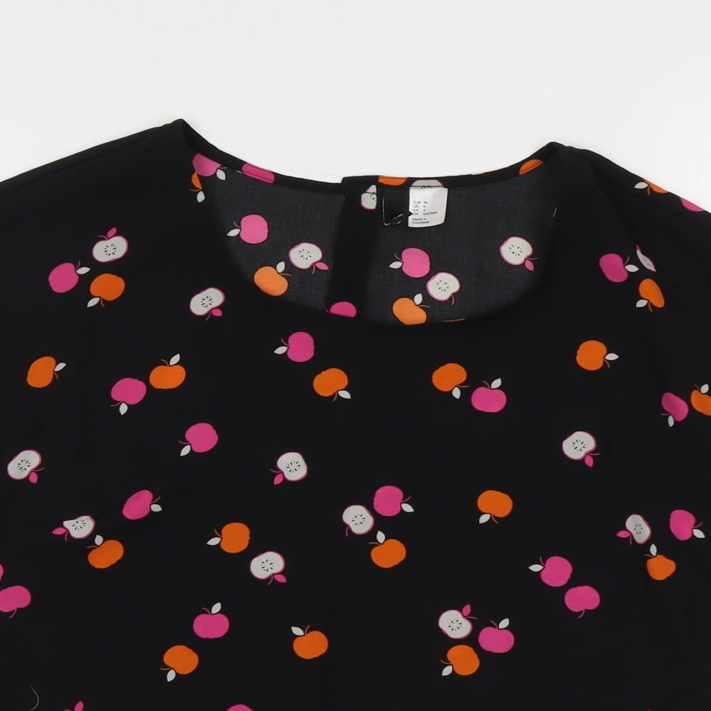 H&M Womens Black Geometric Polyester Basic Blouse Size 8 Round Neck - Apples Print
