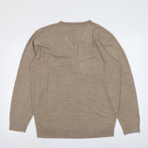 Grenwoods Mens Beige V-Neck Acrylic Pullover Jumper Size XL Long Sleeve