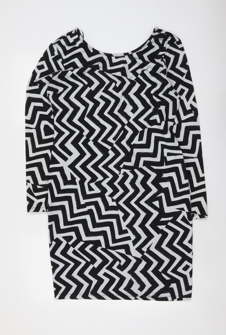 H&M Womens Black Geometric Polyester A-Line Size L Round Neck Pullover