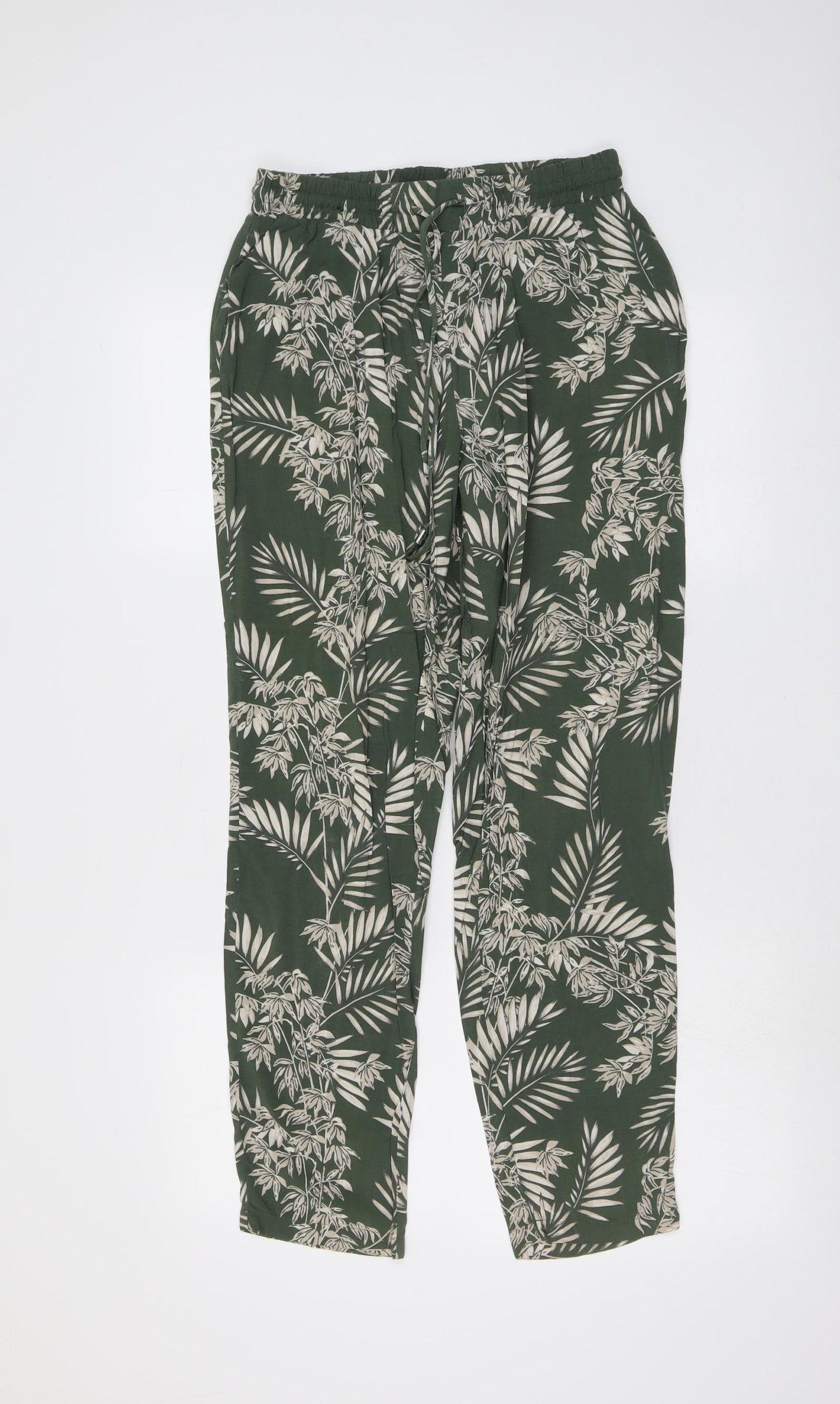 New Look Womens Green Geometric Viscose Trousers Size 10 L28 in Regular Drawstring - Leaf Print