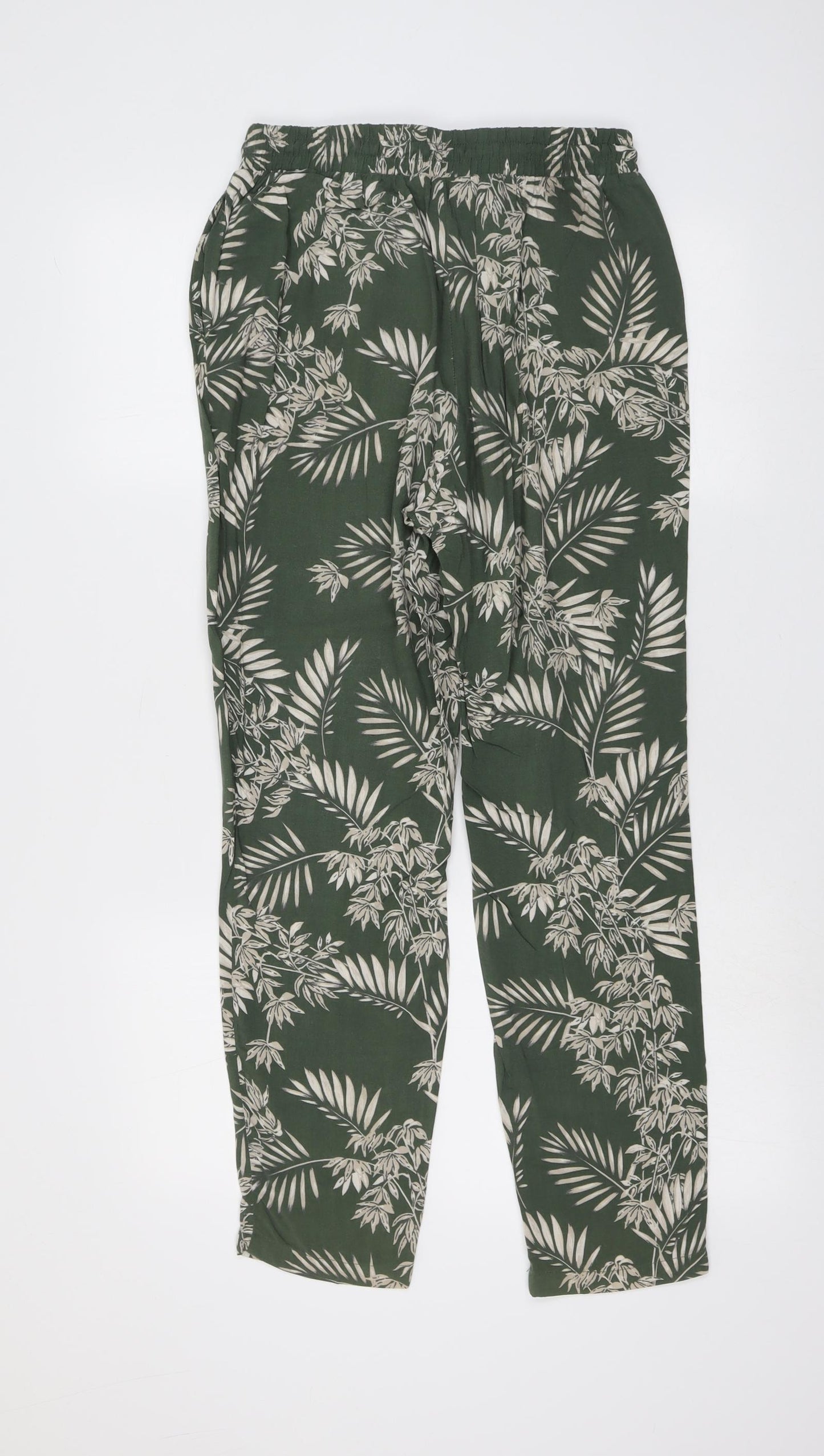 New Look Womens Green Geometric Viscose Trousers Size 10 L28 in Regular Drawstring - Leaf Print