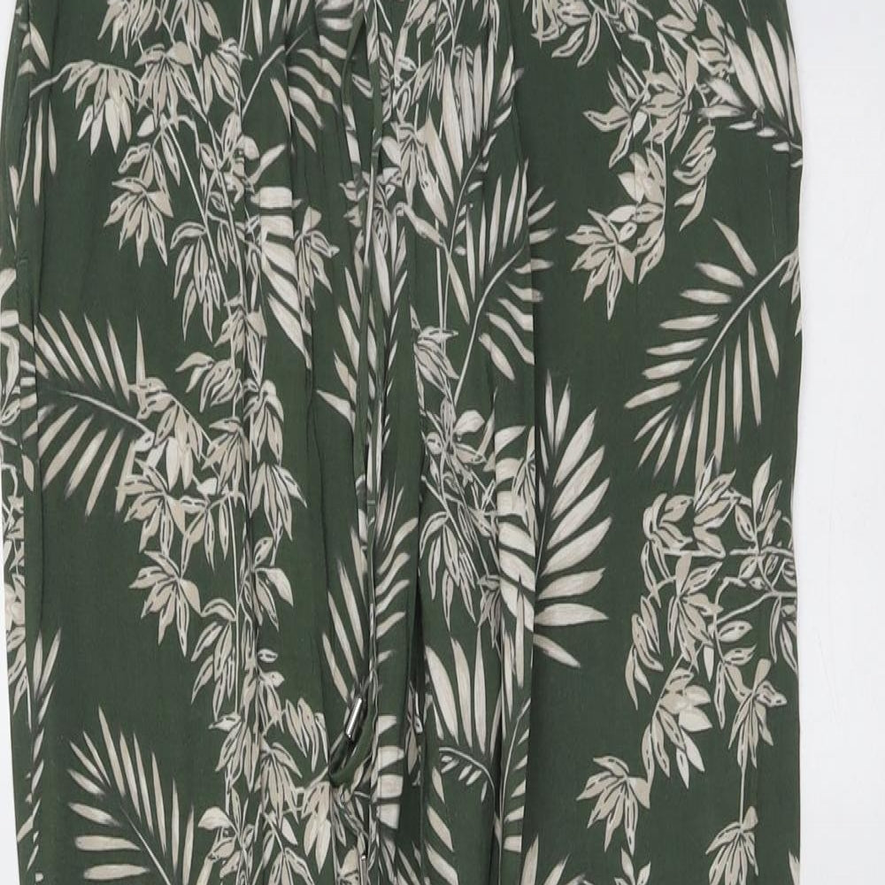 New Look Womens Green Geometric Viscose Trousers Size 10 L28 in Regular Drawstring - Leaf Print