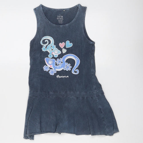 Safon Girls Blue Cotton Tank Dress Size 6 Years Boat Neck Pullover - Menorca