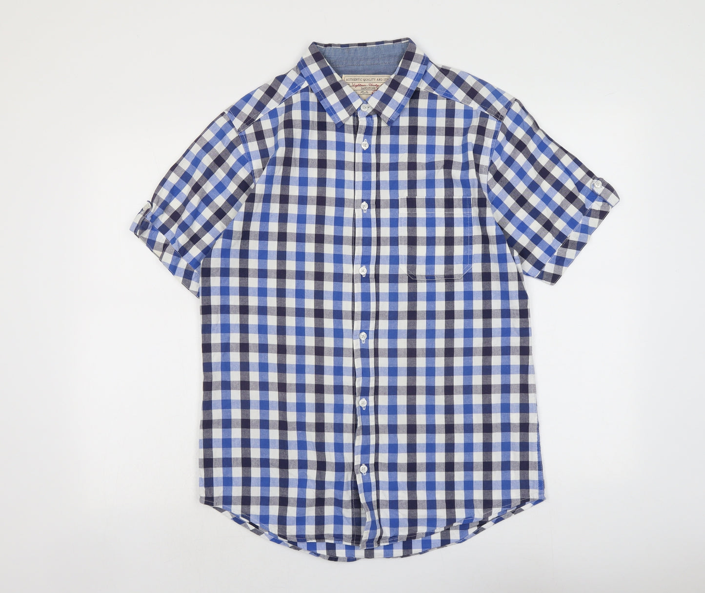 Sandstone Mens Blue Check Cotton Button-Up Size M Collared Button