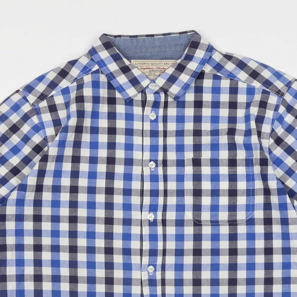 Sandstone Mens Blue Check Cotton Button-Up Size M Collared Button