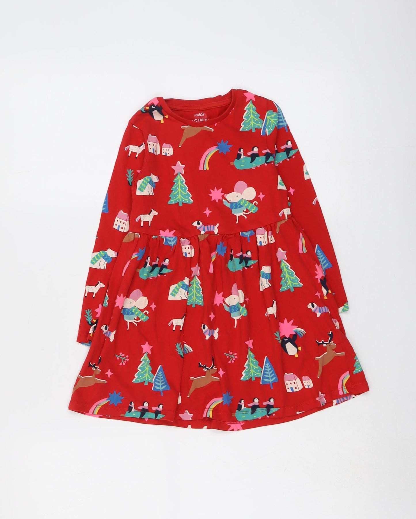 Marks and Spencer Girls Red Geometric Cotton T-Shirt Dress Size 4-5 Years Round Neck Pullover - Christmas