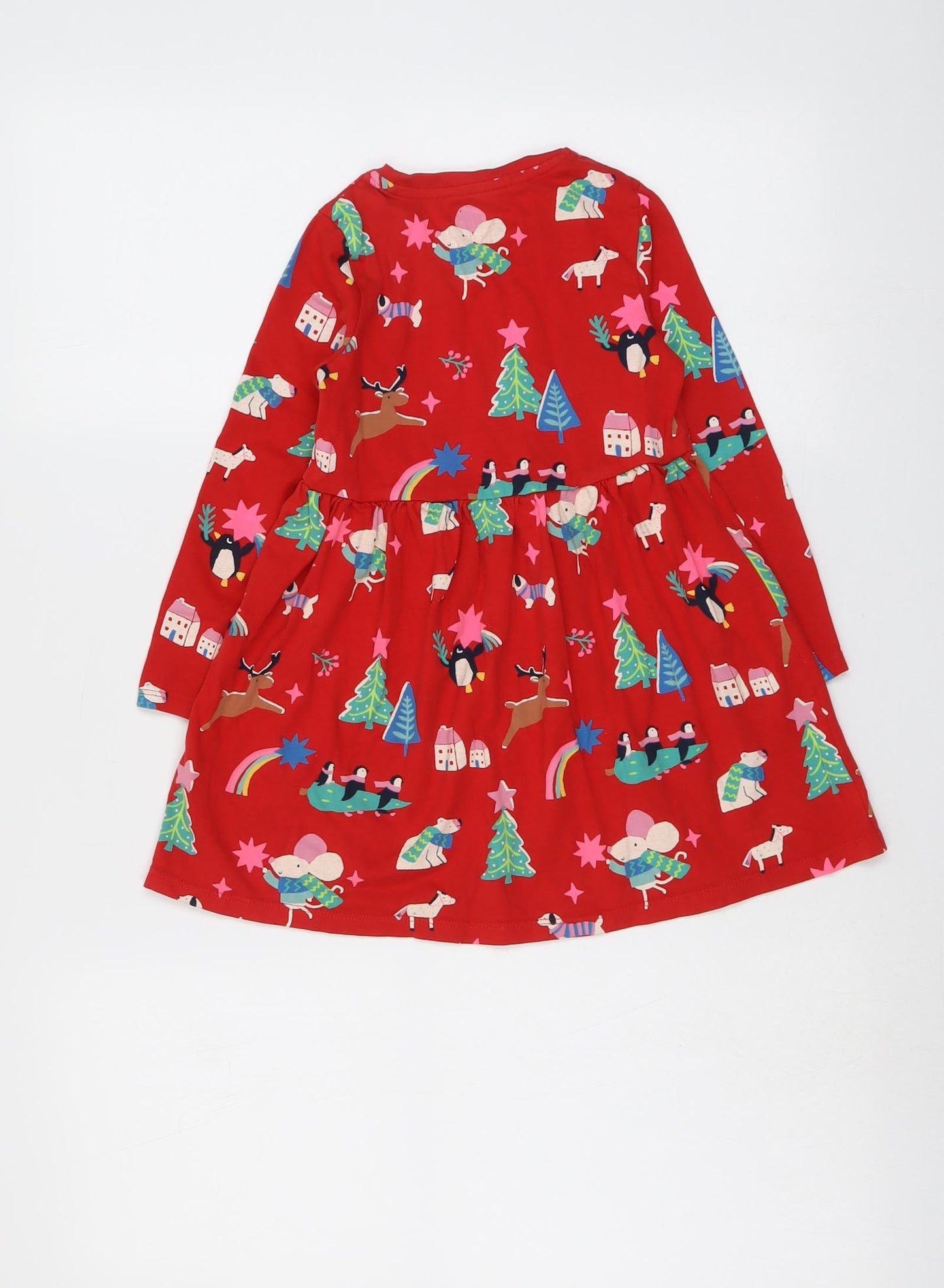Marks and Spencer Girls Red Geometric Cotton T-Shirt Dress Size 4-5 Years Round Neck Pullover - Christmas