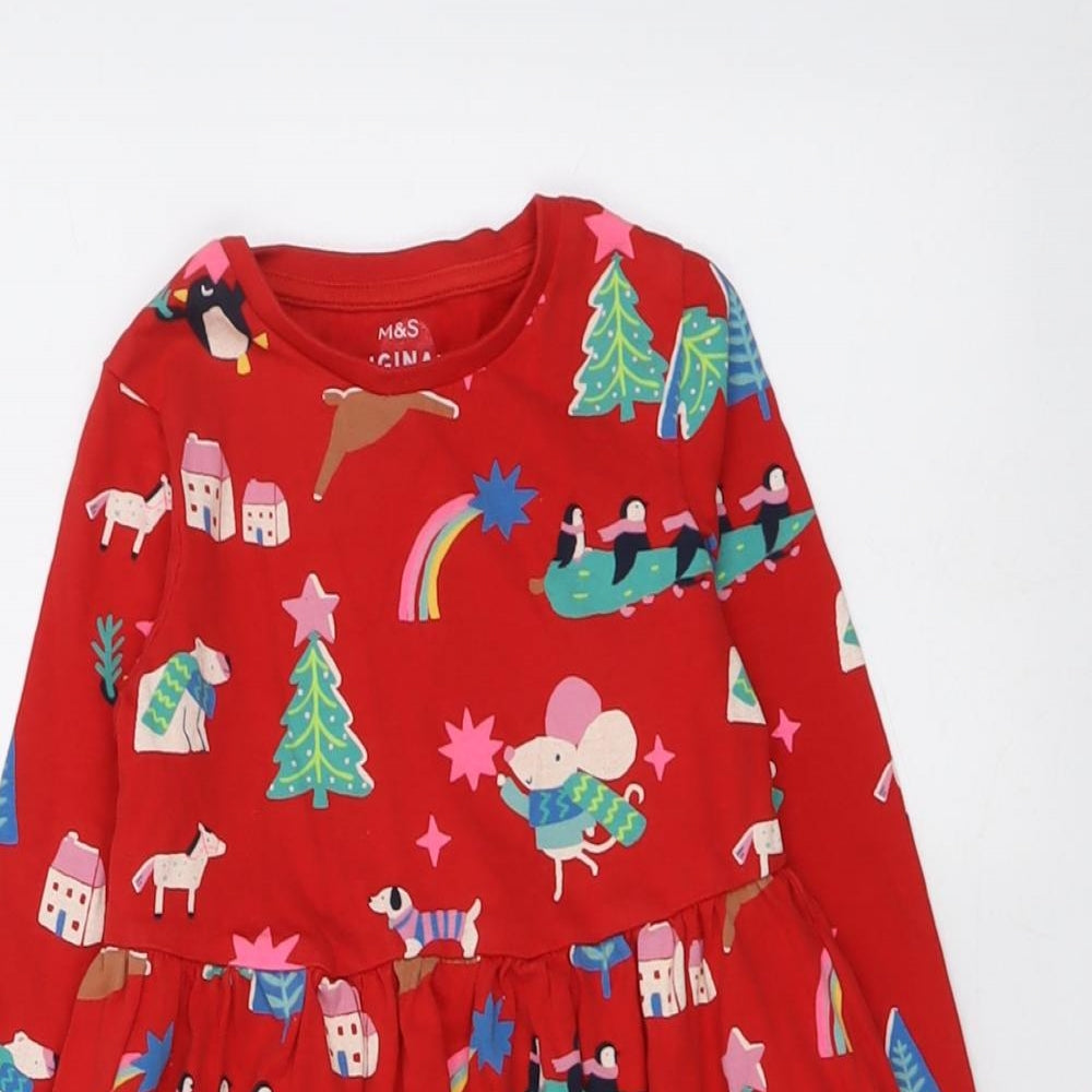 Marks and Spencer Girls Red Geometric Cotton T-Shirt Dress Size 4-5 Years Round Neck Pullover - Christmas