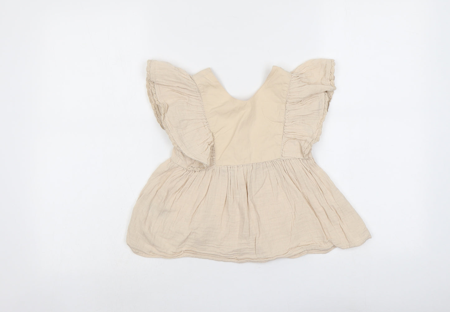 Marks and Spencer Girls Beige Geometric Cotton Basic Blouse Size 6-7 Years V-Neck Button