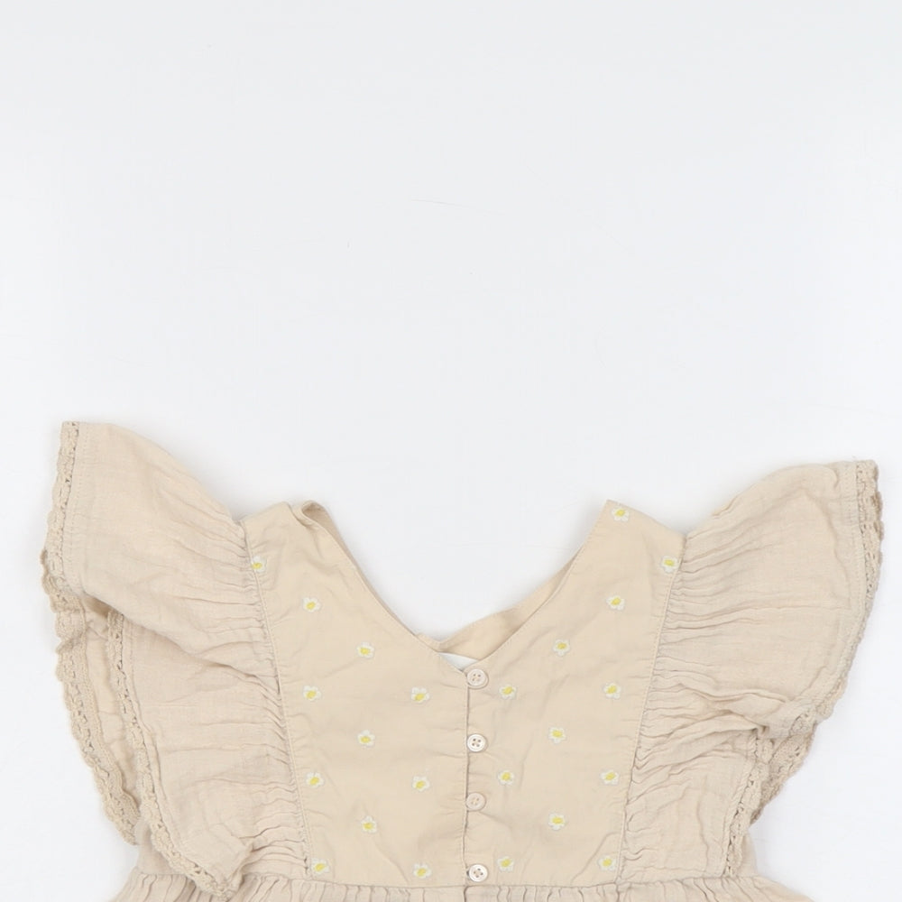 Marks and Spencer Girls Beige Geometric Cotton Basic Blouse Size 6-7 Years V-Neck Button