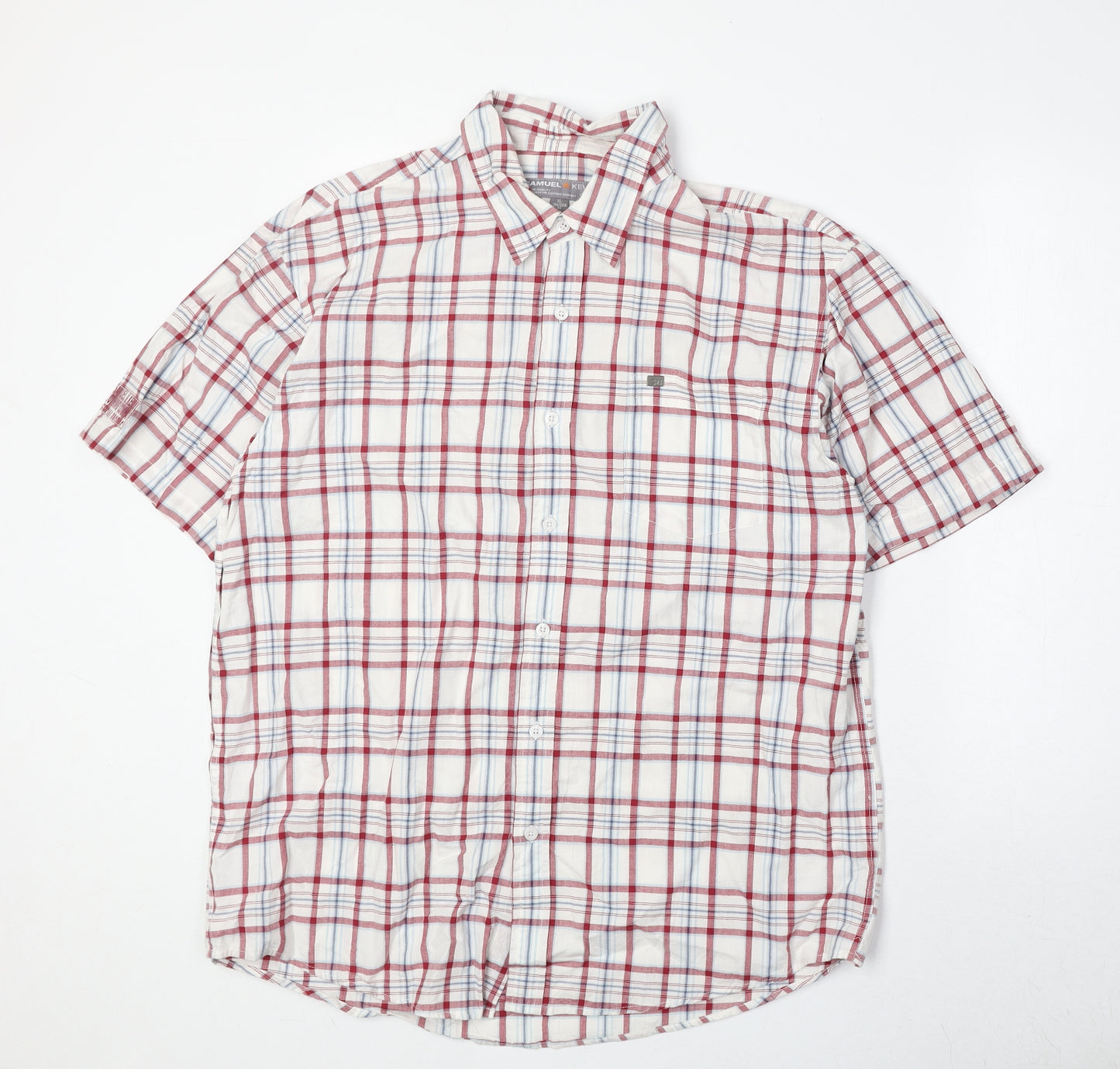 Samuel & Kevin Mens White Plaid Polyester Button-Up Size XL Collared Button