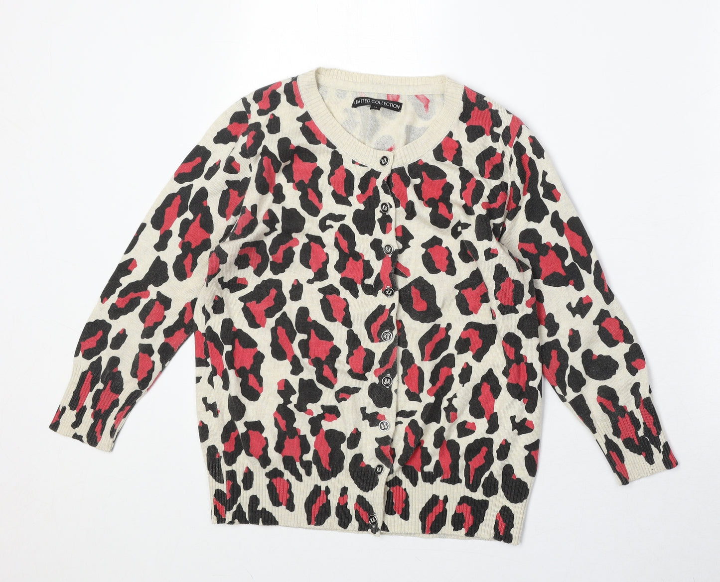 Limited Collection Womens Beige Round Neck Animal Print Acrylic Cardigan Jumper Size 10 - Leopard Print