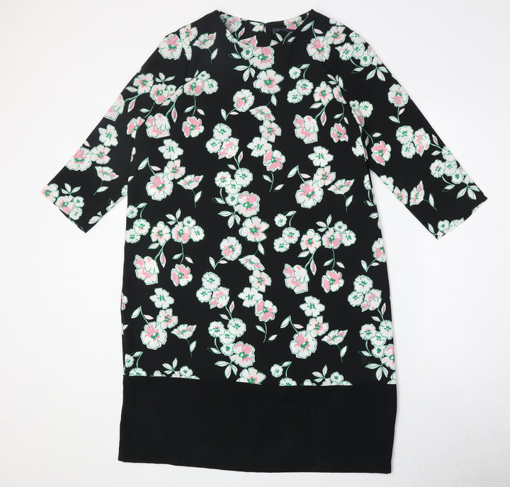 Marks and Spencer Womens Black Floral Polyester A-Line Size 14 Round Neck Button