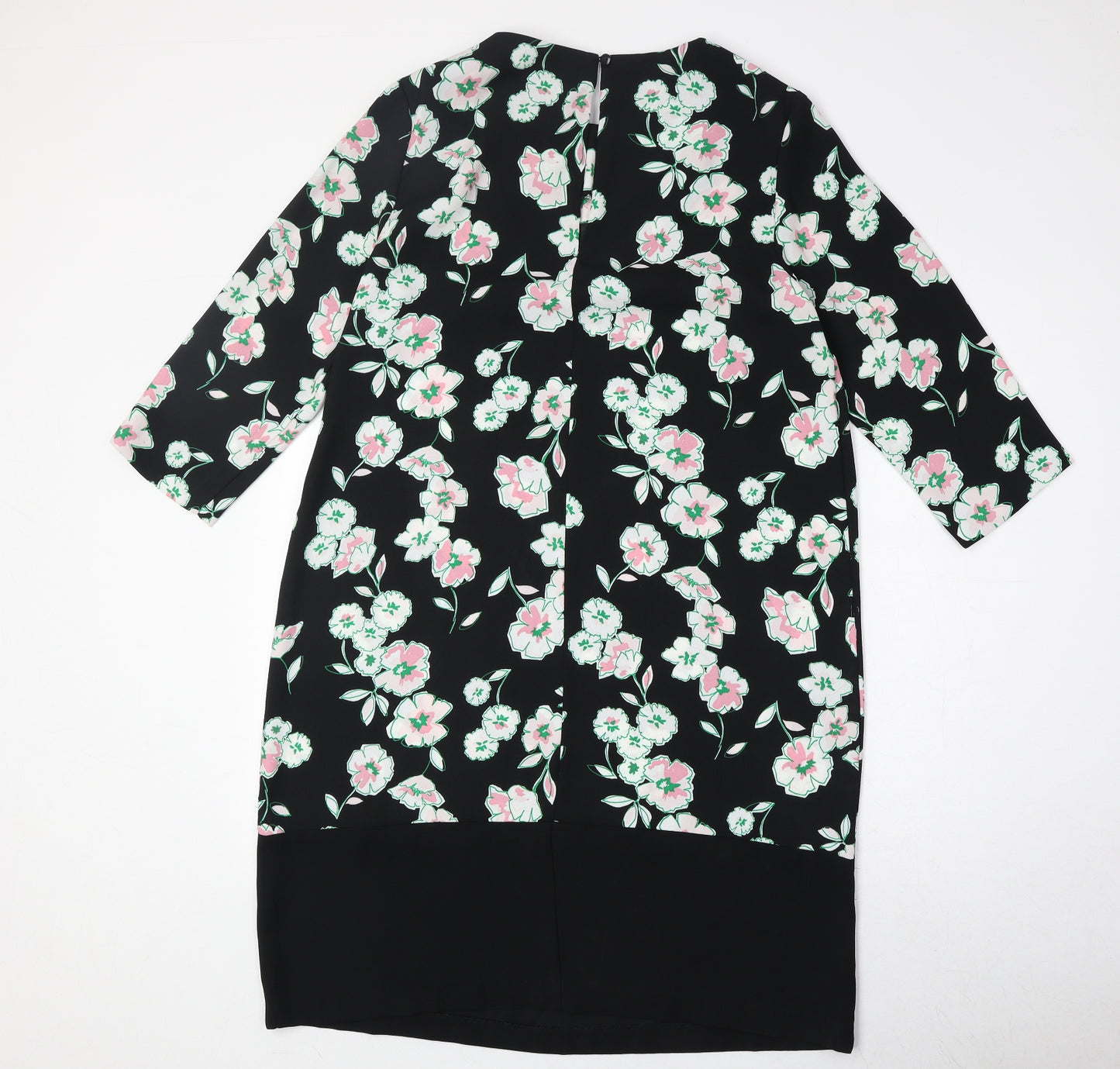 Marks and Spencer Womens Black Floral Polyester A-Line Size 14 Round Neck Button