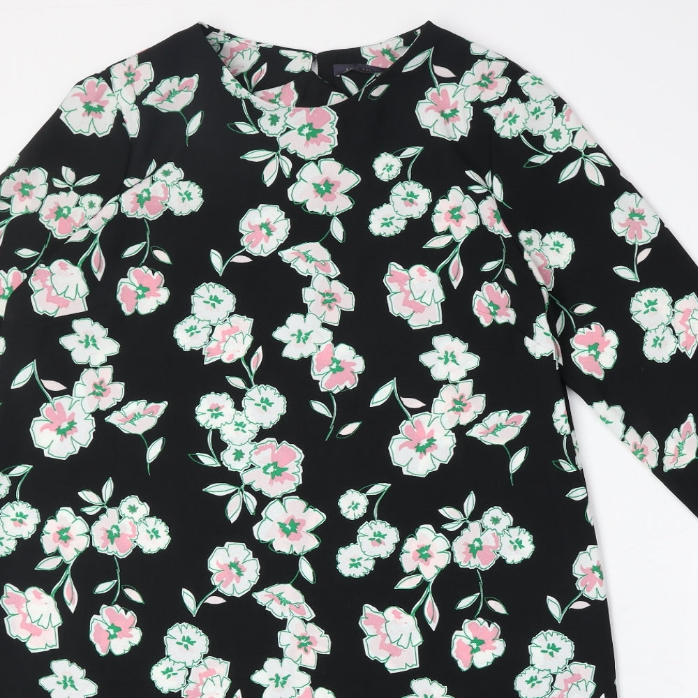 Marks and Spencer Womens Black Floral Polyester A-Line Size 14 Round Neck Button